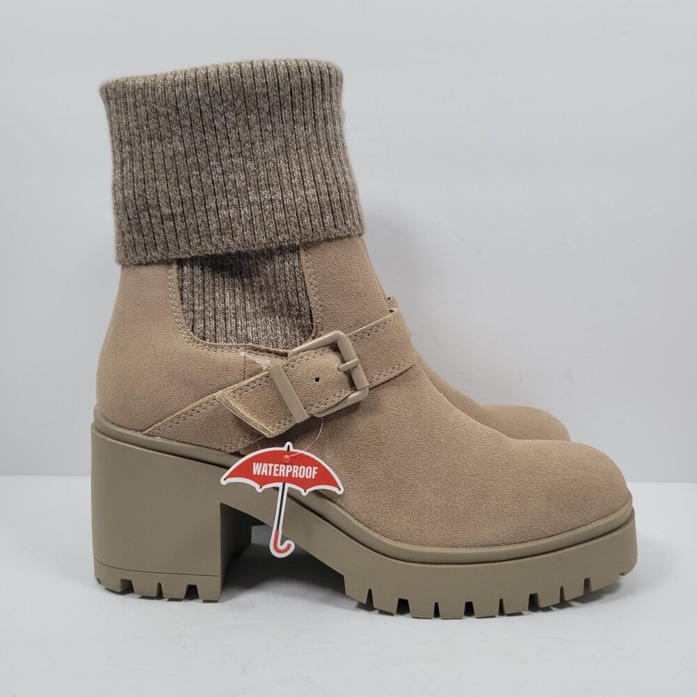 Blondo Remi Stretch Knit Lug Waterproof Women's Beige Boots US Size 9M NWOT